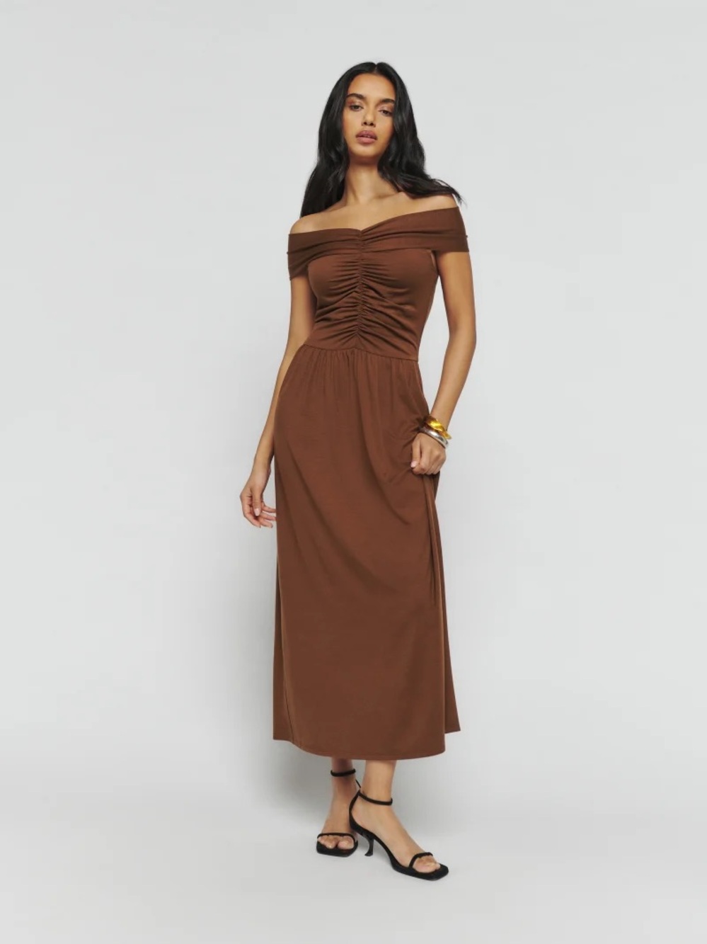 REFORMATION Off-Shoulder Brown Dress